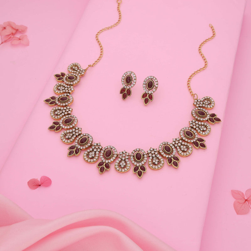Tehzeeb Creations Gold-Polished Maroon Colour Choker With Dangle Earrings - Distacart