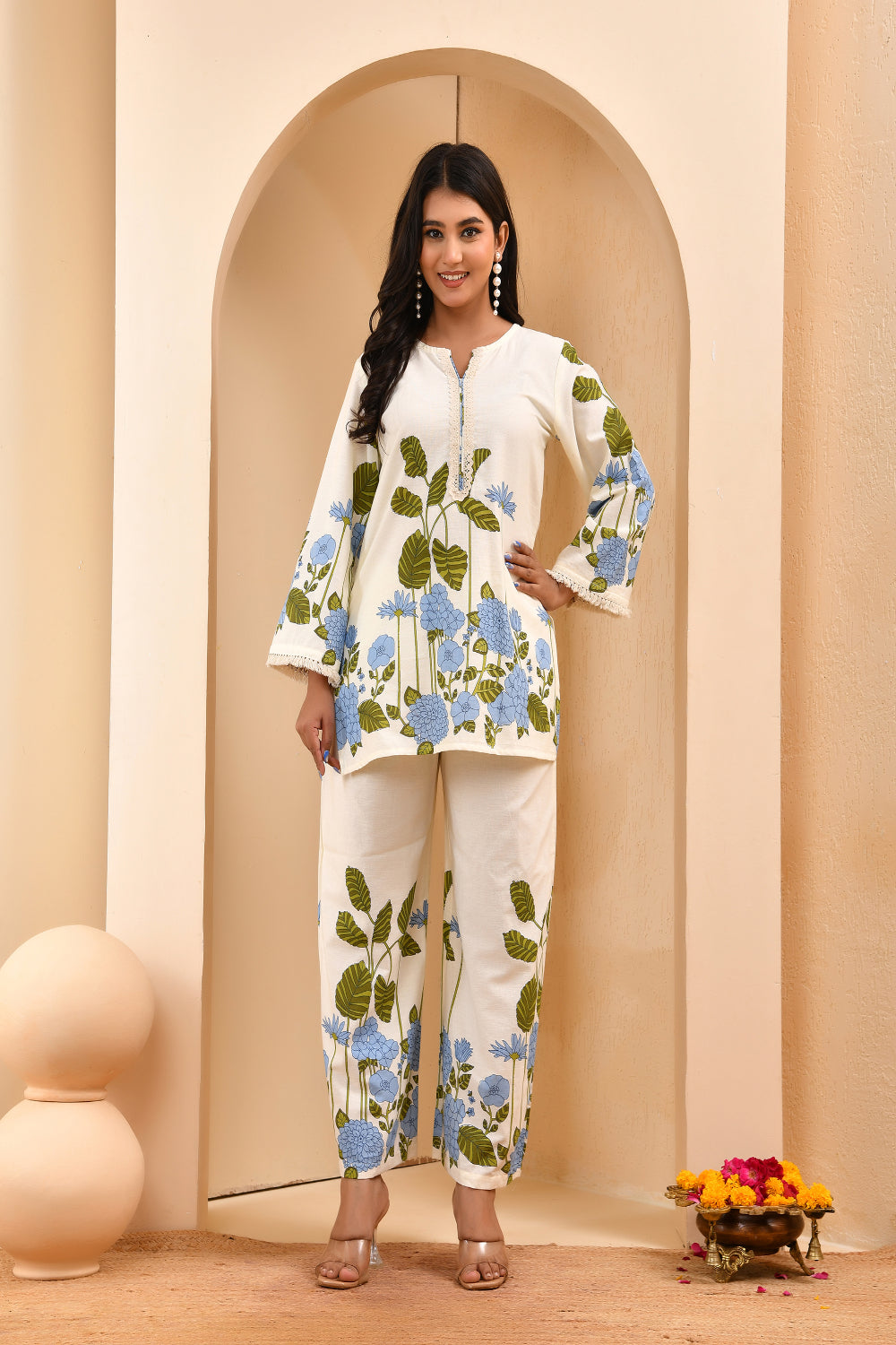 Vaasva Women White Placement Floral Printed Cord Set - Distacart