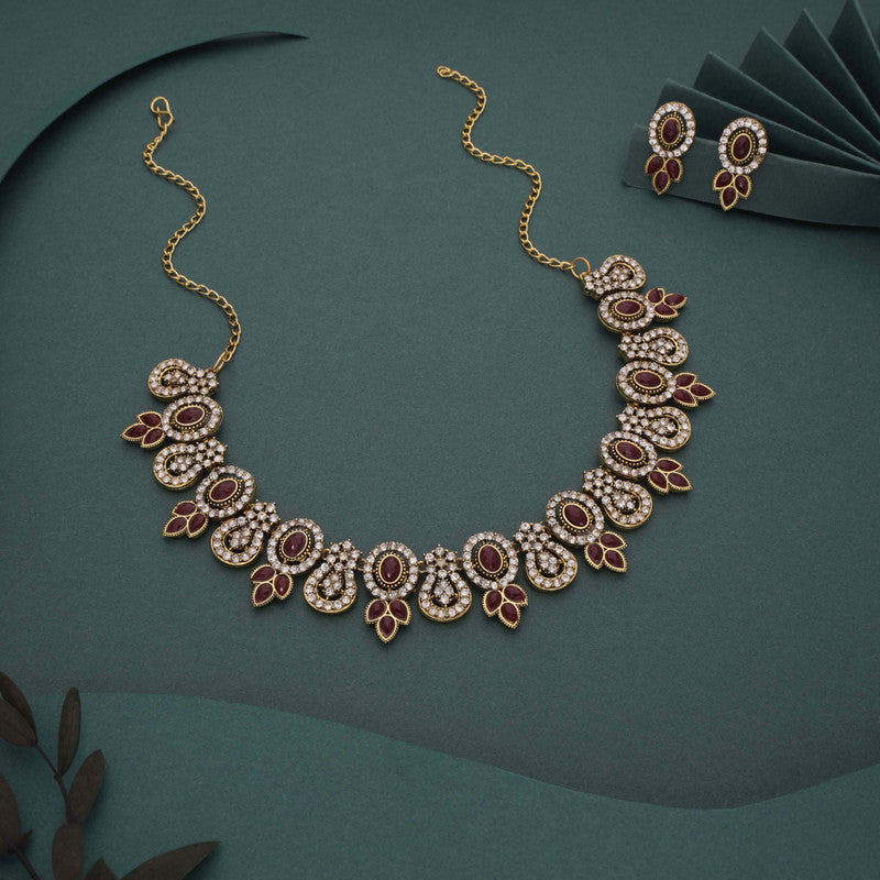 Tehzeeb Creations Gold Plated Maroon Colour Choker With Dangle Earrings