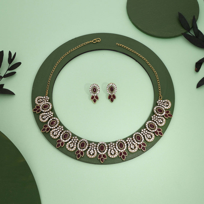 Tehzeeb Creations Gold-Polished Maroon Colour Choker With Dangle Earrings - Distacart