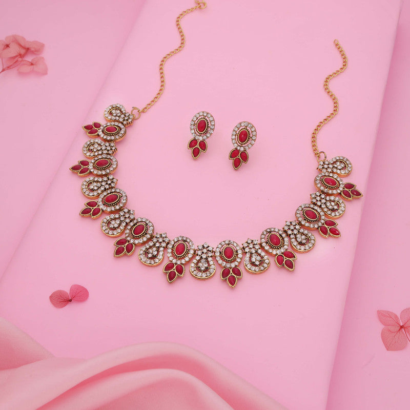 Tehzeeb Creations Gold-Polished Pink Colour Choker With Dangle Earrings - Distacart