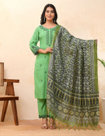 Thumbnail for Vaasva Women Pista Embroidered Kurta Set With Solid Pants & Printed Dupatta