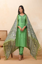 Thumbnail for Vaasva Women Pista Embroidered Kurta Set With Solid Pants & Printed Dupatta