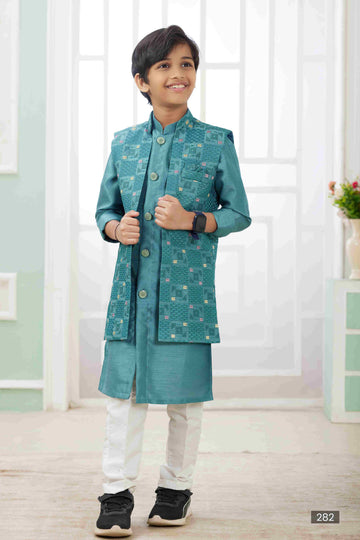 Raivat Ethnic Art Silk Embroidery Work 3 Pics Jacket Set In Rama Green Colour - Distacart