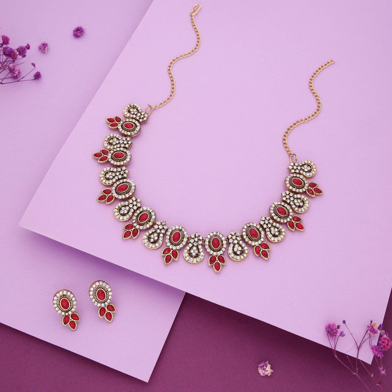 Tehzeeb Creations Gold-Polished Pink Colour Choker With Dangle Earrings - Distacart