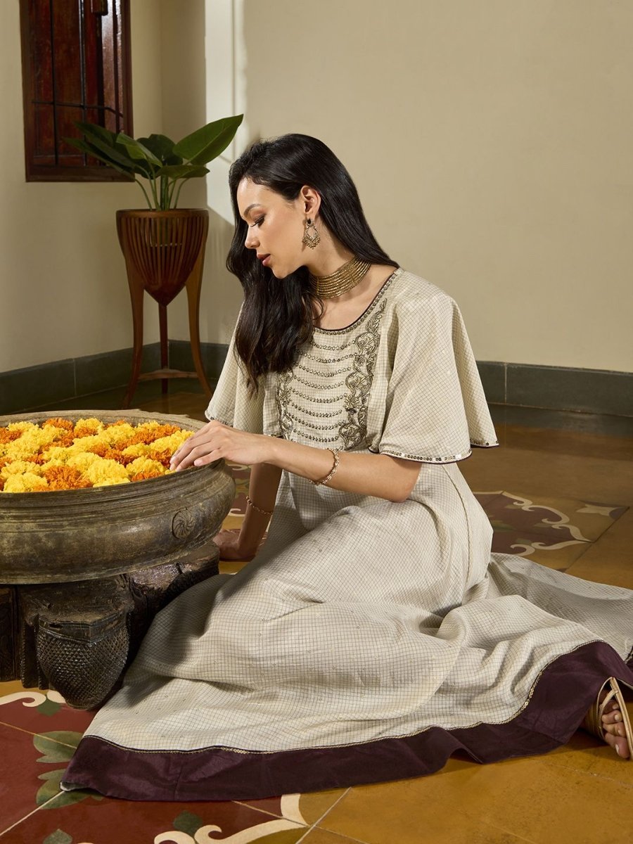 AURELIA Women Off-White & Golden Checked A-Line Dress - Distacart