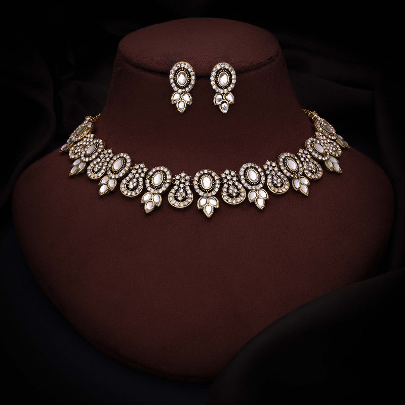 Tehzeeb Creations Gold-Polished White Colour Choker With Dangle Earrings - Distacart