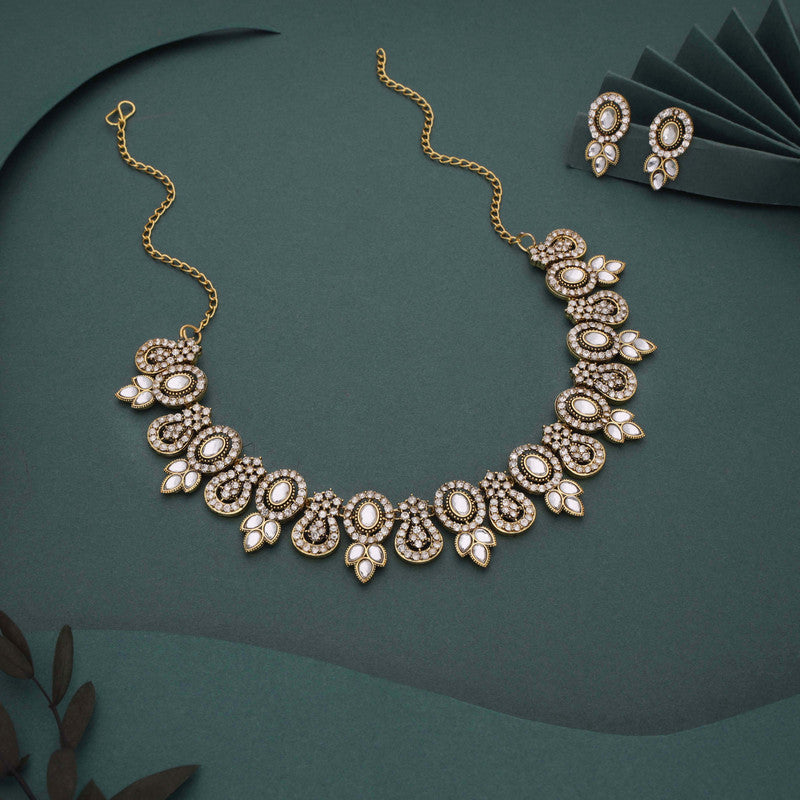 Tehzeeb Creations Gold-Polished White Colour Choker With Dangle Earrings - Distacart