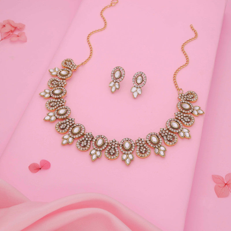 Tehzeeb Creations Gold-Polished White Colour Choker With Dangle Earrings - Distacart