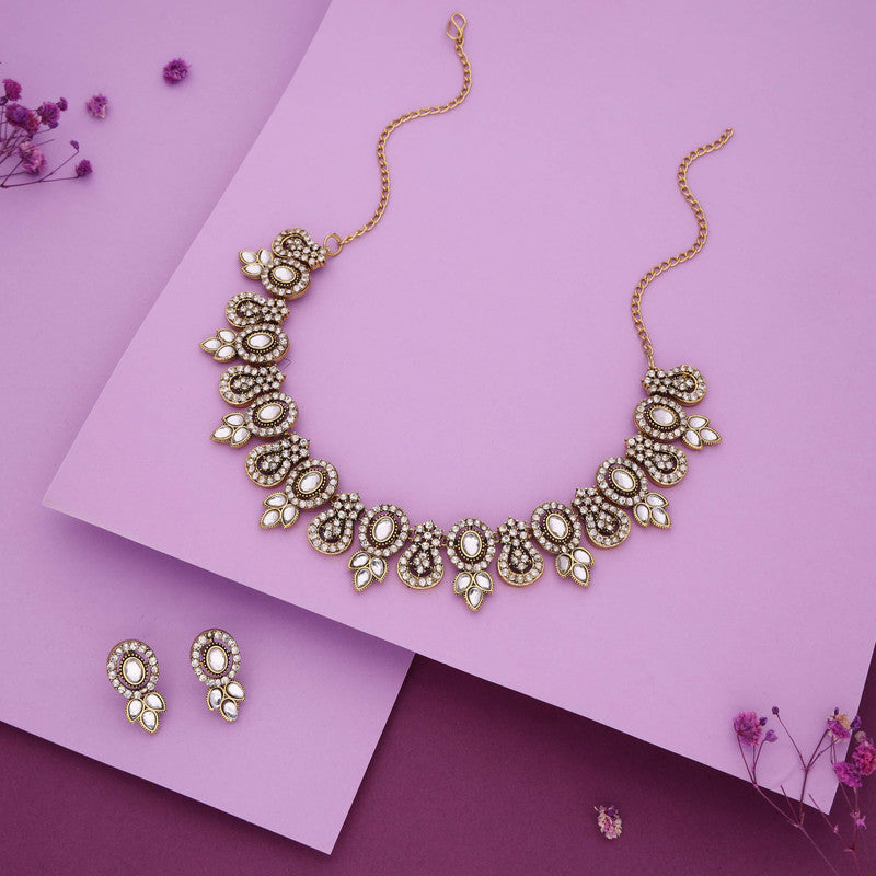 Tehzeeb Creations Gold-Polished White Colour Choker With Dangle Earrings - Distacart