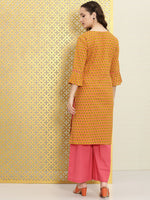 Thumbnail for Ode by House of Pataudi Women Mustard Yellow Floral Printed Pure Cotton Kurta with Palazzos - Distacart