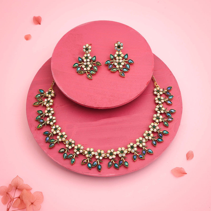 Tehzeeb Creations Gold-Polished Green Colour Choker With Dangle Earrings - Distacart