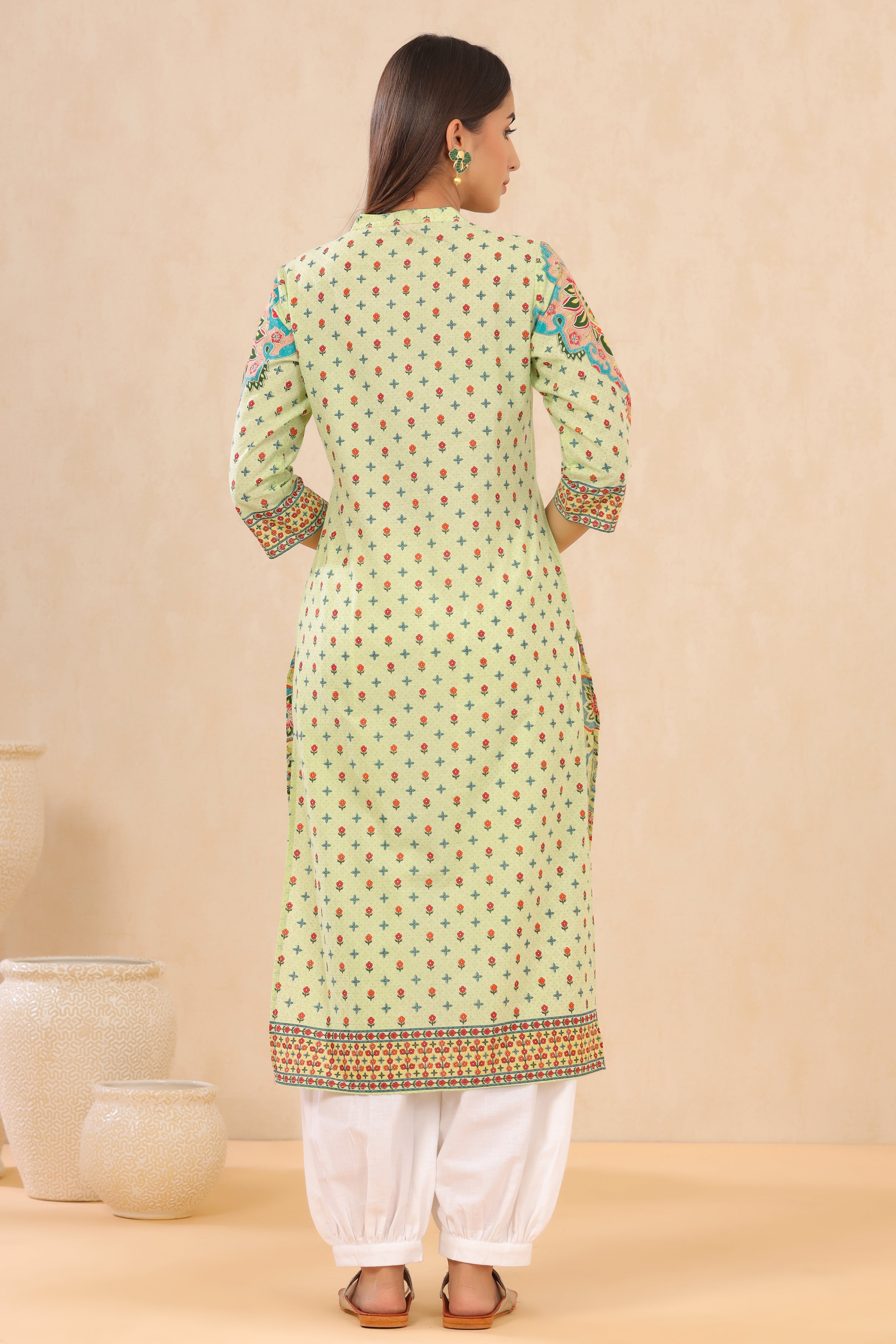 Juniper Pista Green Ethnic Motif Printed Pure Cotton Straight Kurta - Distacart