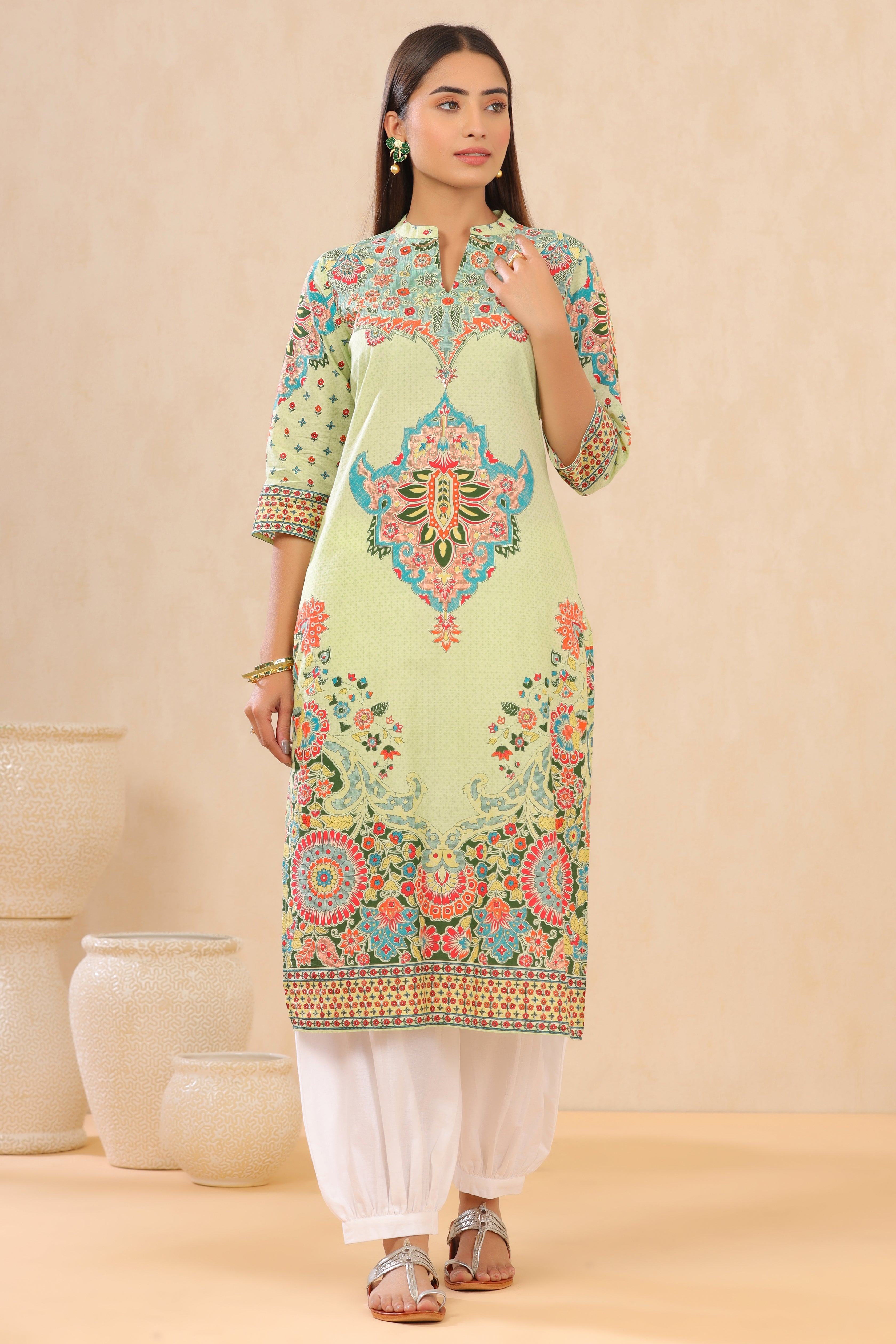 Juniper Pista Green Ethnic Motif Printed Pure Cotton Straight Kurta - Distacart
