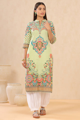 Juniper Pista Green Ethnic Motif Printed Pure Cotton Straight Kurta - Distacart