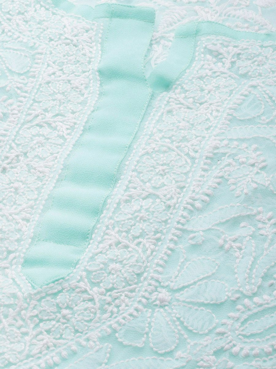 ADA Women Turquoise Blue & White Chikankari Embroidered Sustainable Handloom Kurta with Trousers & Inner - Distacart