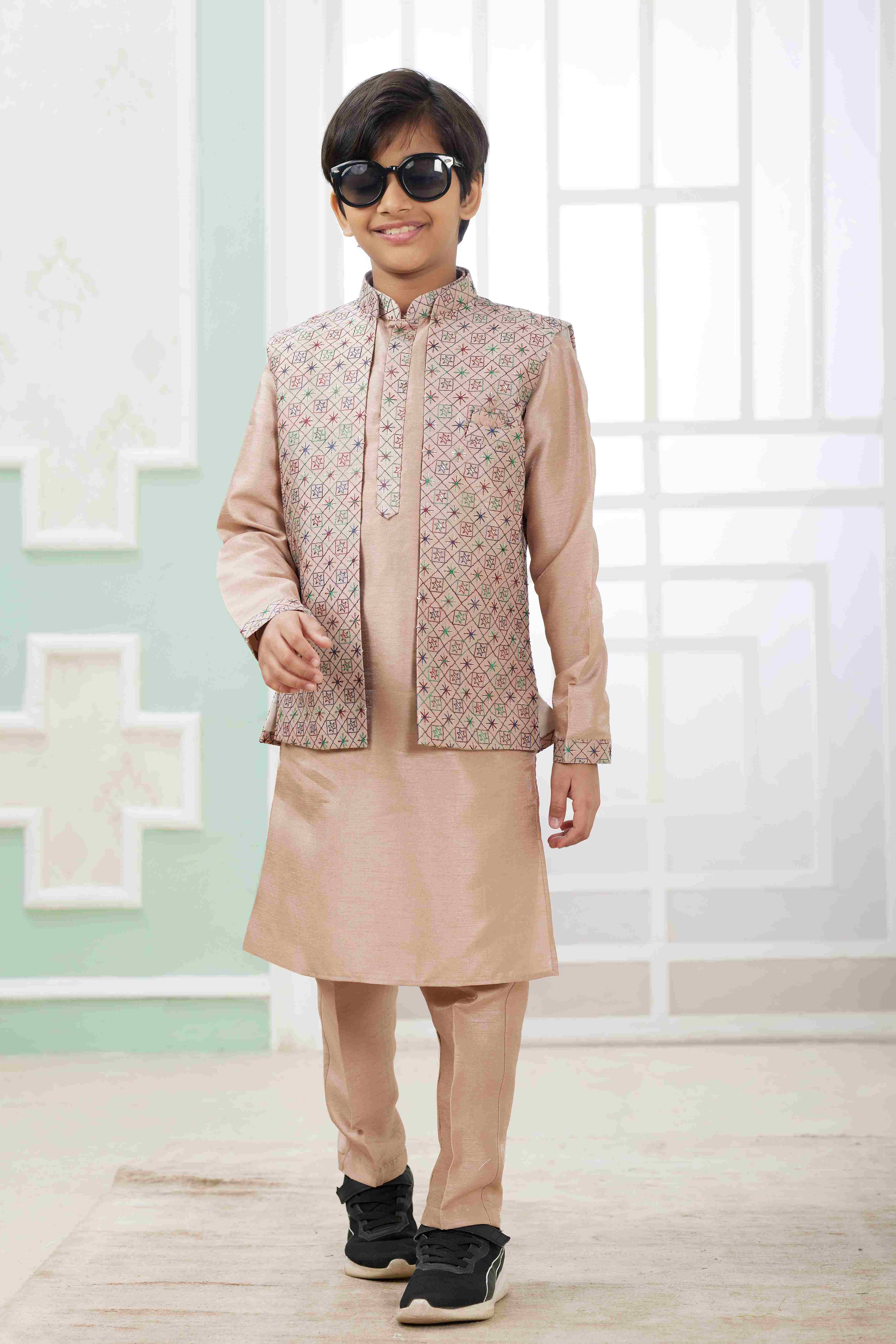 Raivat Ethnic Art Silk Embroidery Work 3 Pics Jacket Set In Peach Colour - Distacart