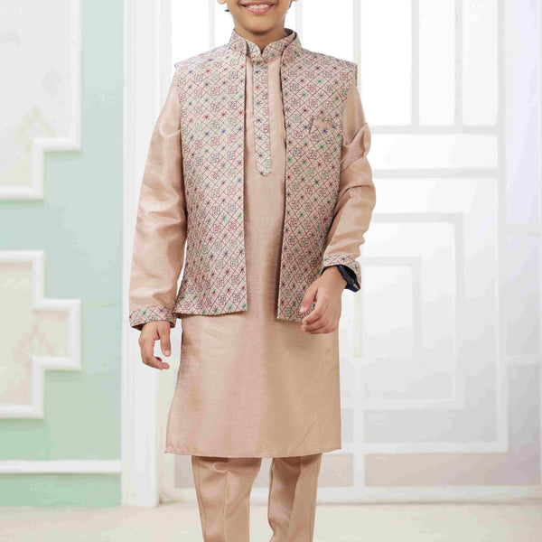 Raivat Ethnic Art Silk Embroidery Work 3 Pics Jacket Set In Peach Colour - Distacart