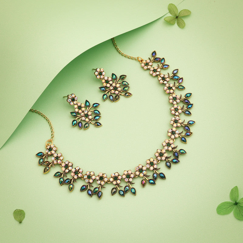 Tehzeeb Creations Gold-Polished Green Colour Choker With Dangle Earrings - Distacart