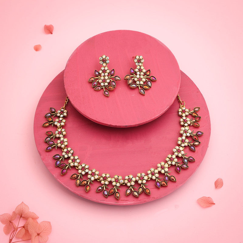 Tehzeeb Creations Gold-Polished Pink Colour Choker With Dangle Earrings - Distacart