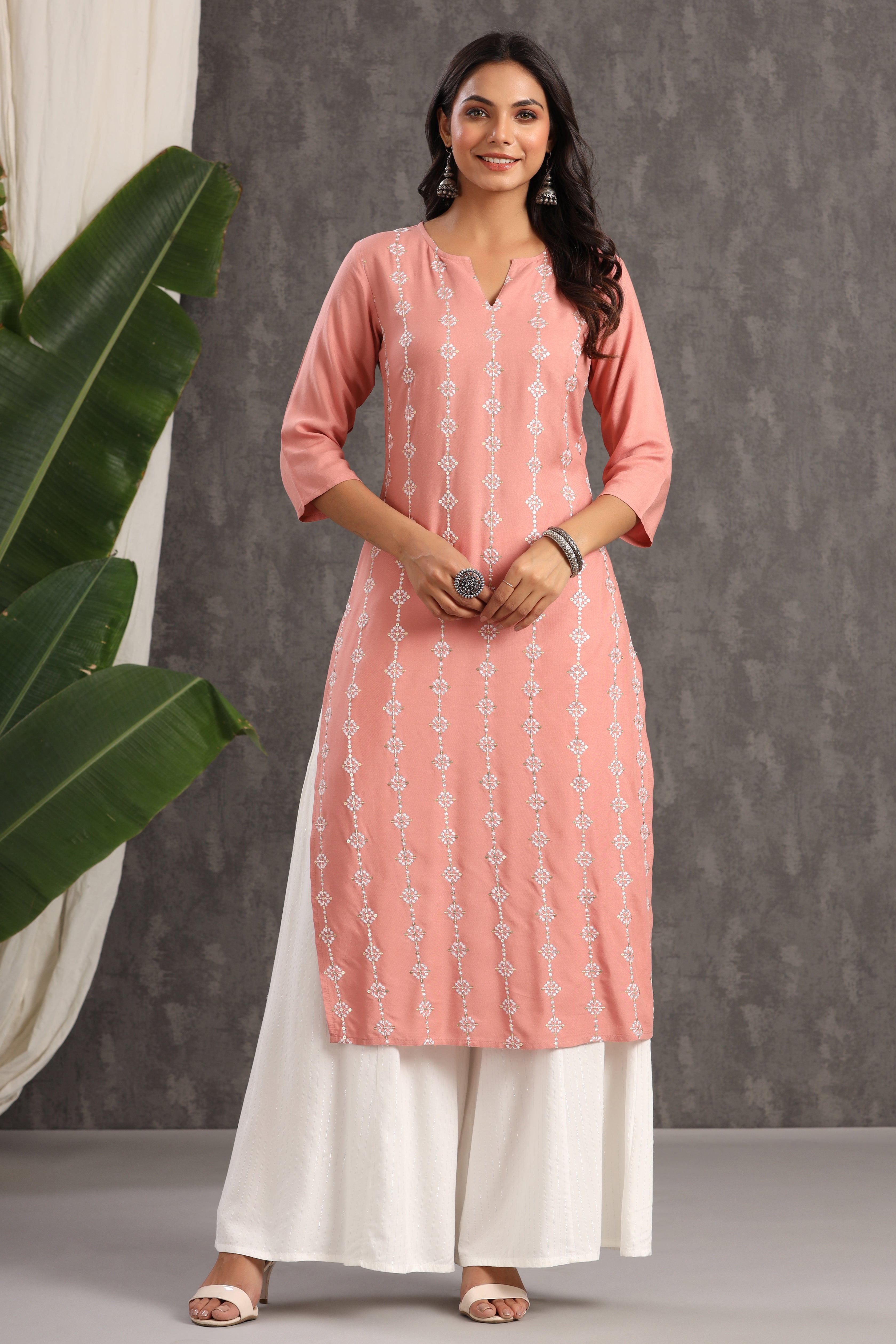 Juniper Women's Onion Pink Thread Embroidered Rayon Straight Kurta - Distacart
