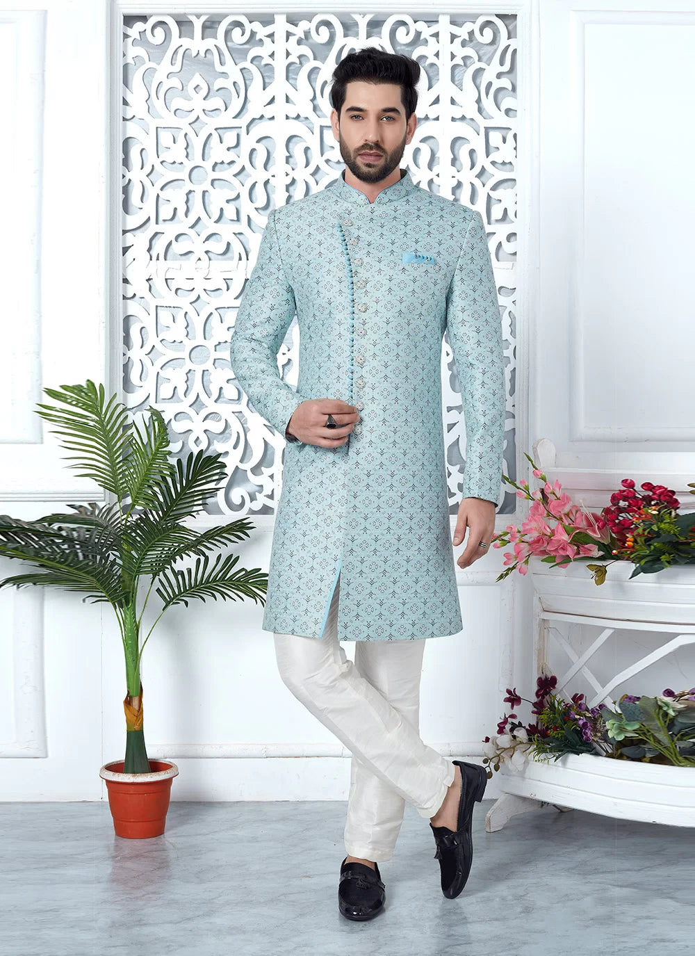 Raivat Ethnic Mens Jacquard Silk Embroidery Indo Western In Sky Blue Colour - Dista