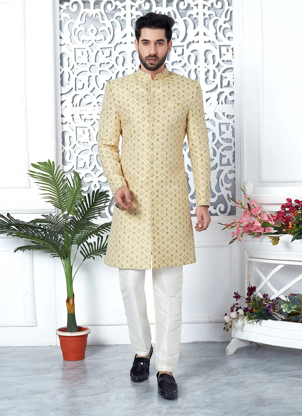 Raivat Ethnic Mens Jacquard Silk Embroidery Indo Western In Yellow Colour - Dista