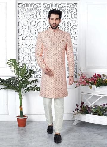 Raivat Ethnic Mens Jacquard Silk Embroidery Indo Western In Pink Colour - Dista
