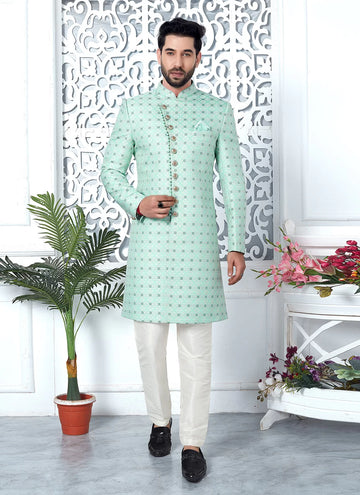 Raivat Ethnic Mens Jacquard Silk Embroidery Indo Western In Green Colour - Dista