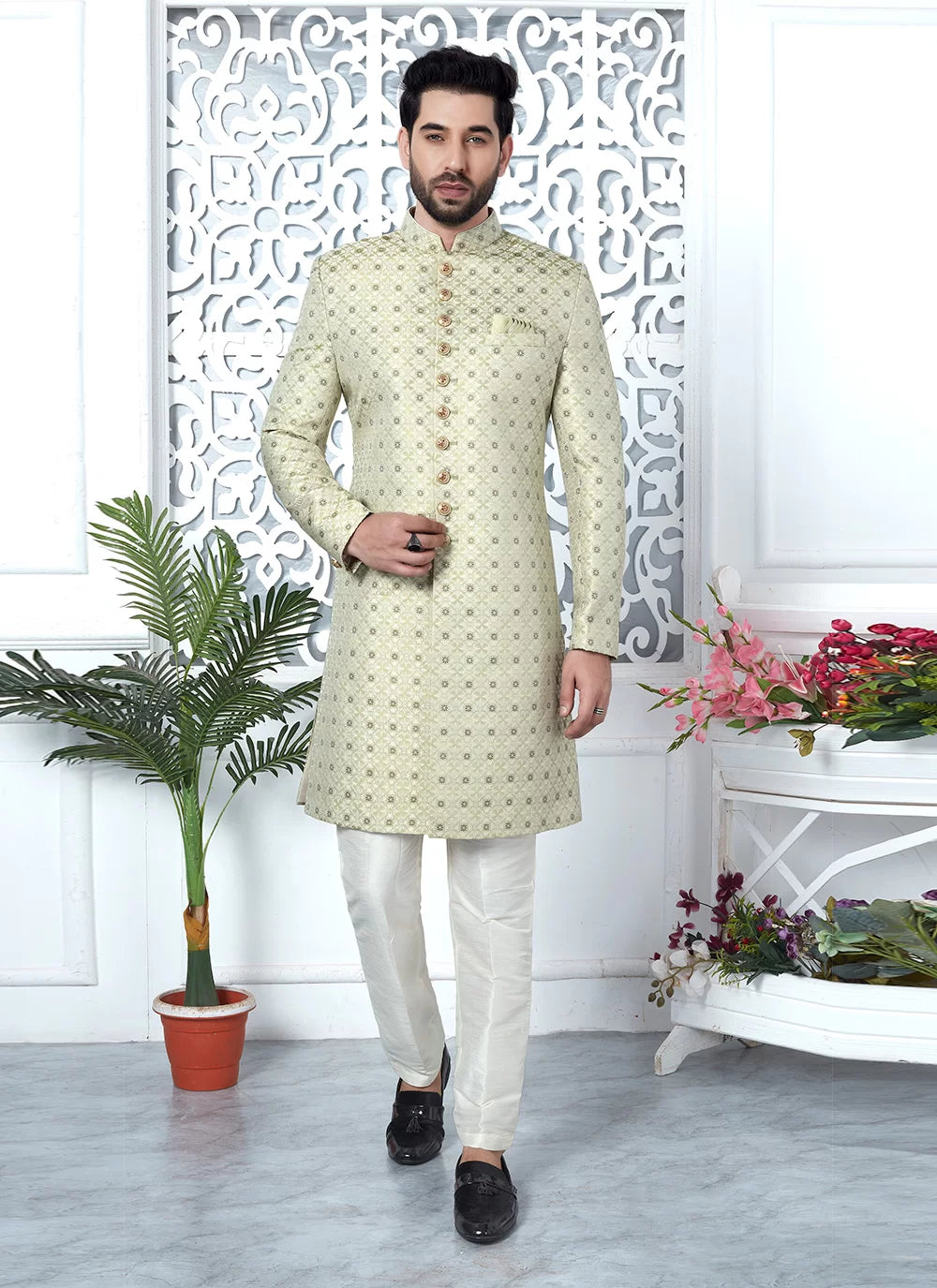 Raivat Ethnic Mens Jacquard Silk Embroidery Indo Western In Pista Green Colour - Dista