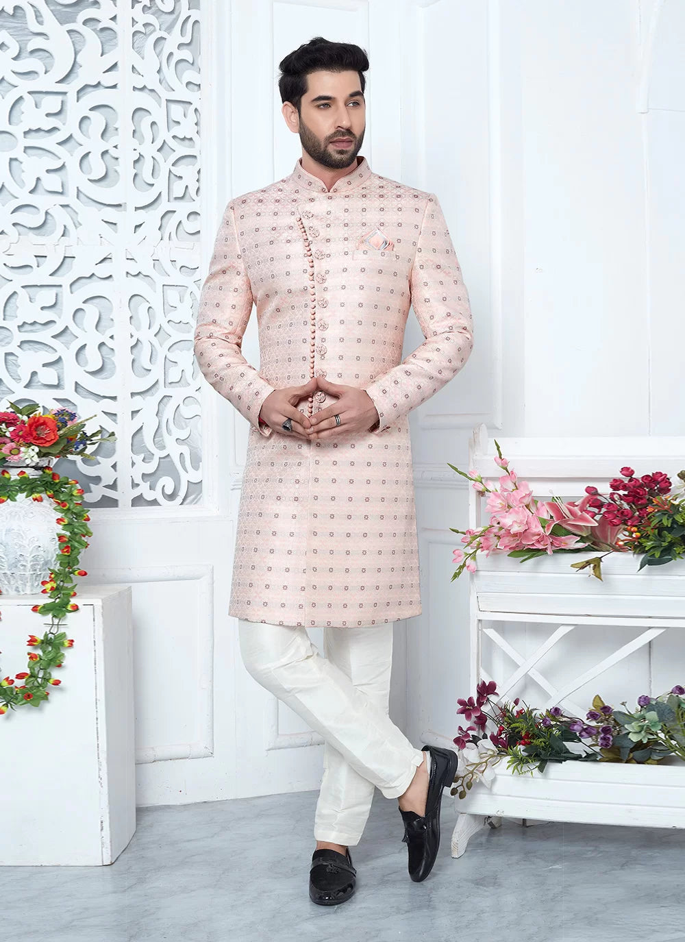 Raivat Ethnic Mens Jacquard Silk Embroidery Indo Western In Pink Colour - Dista