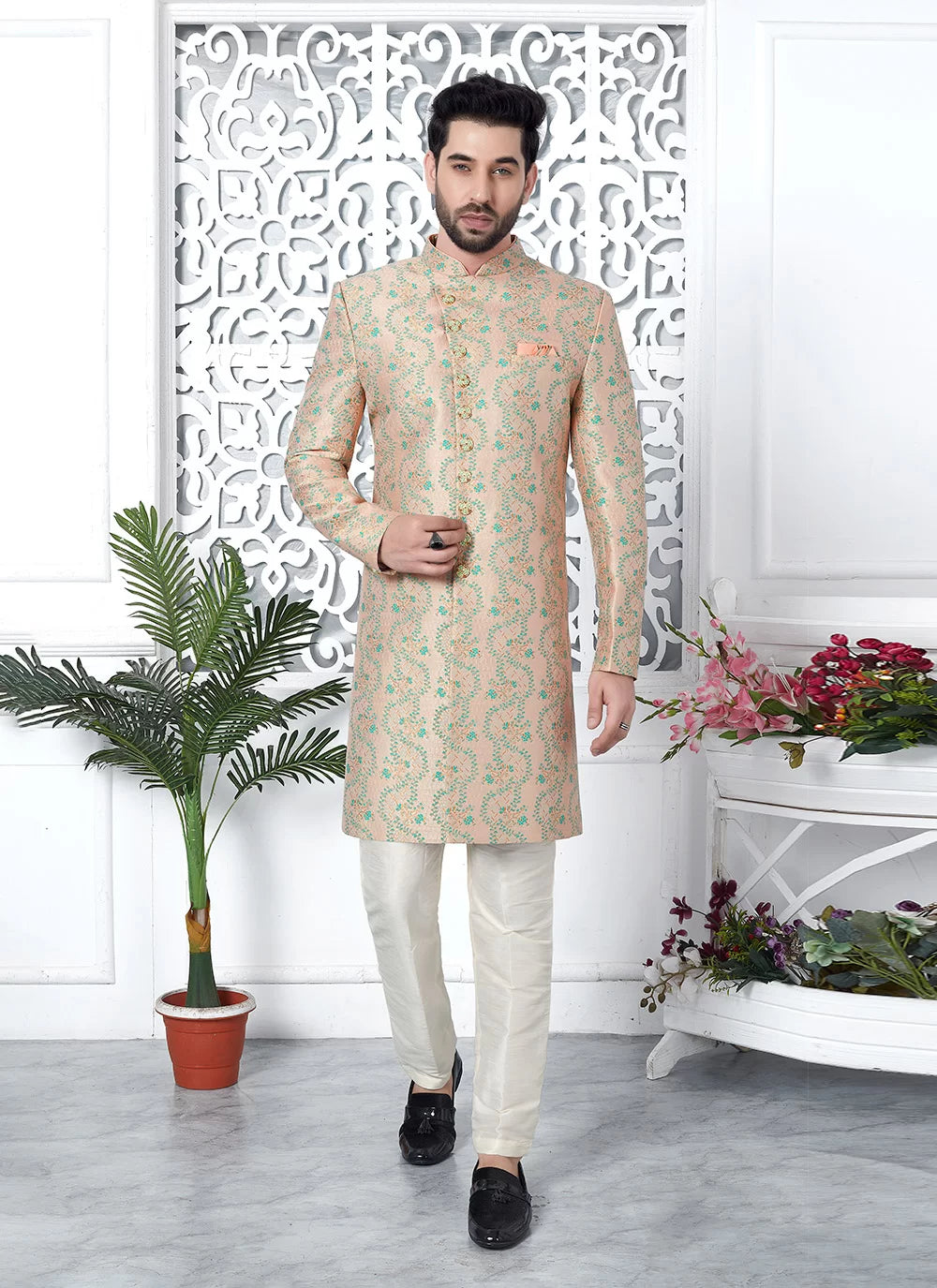 Raivat Ethnic Mens Jacquard Silk Embroidery Indo Western In Peach Colour - Dista