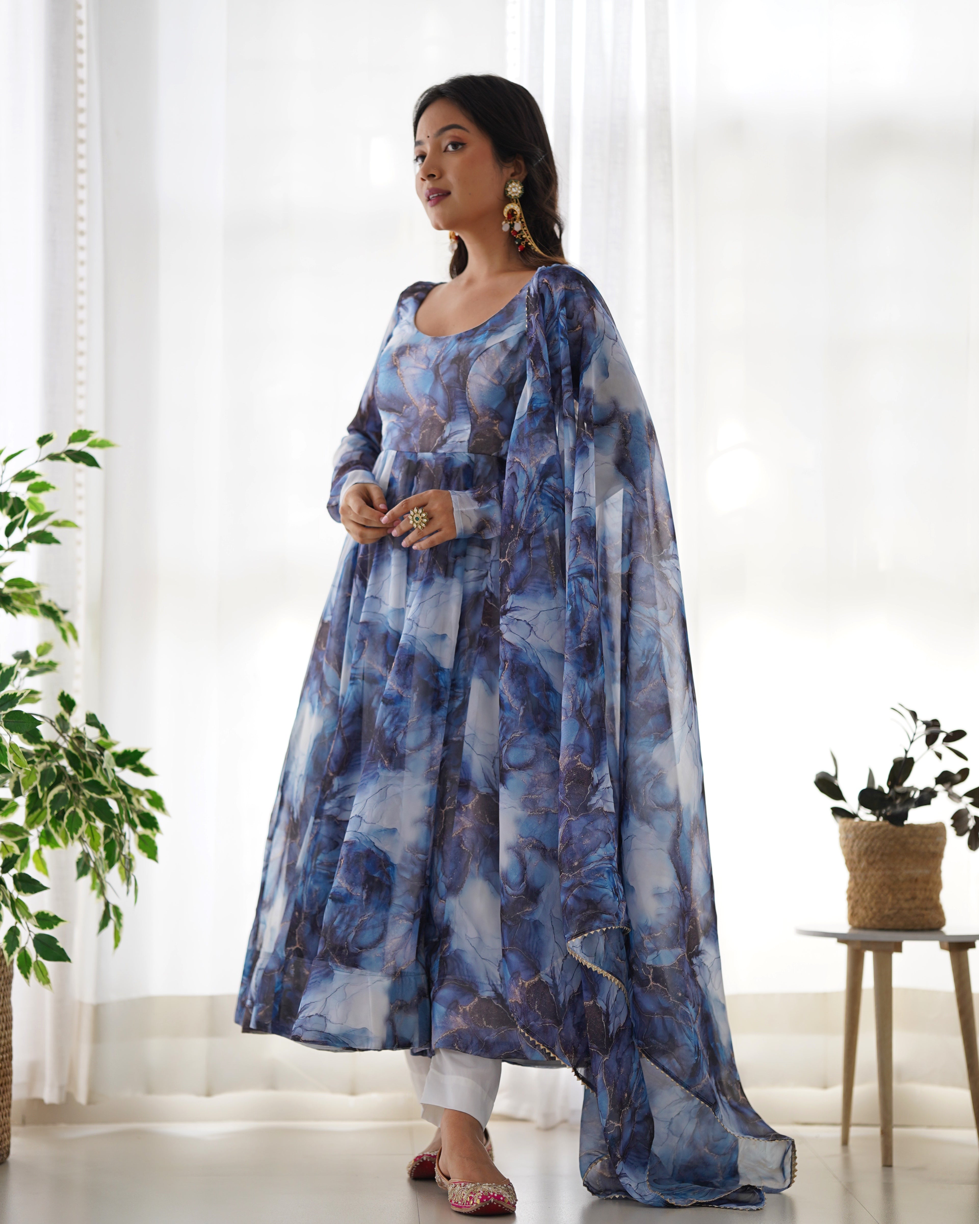 Lorenvalley Navyblue Soft Organza Silk With Marble Print Anarkali Pant With Dupatta Set