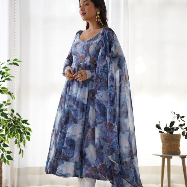 Lorenvalley Navyblue Soft Organza Silk With Marble Print Anarkali Pant With Dupatta Set - Distacart