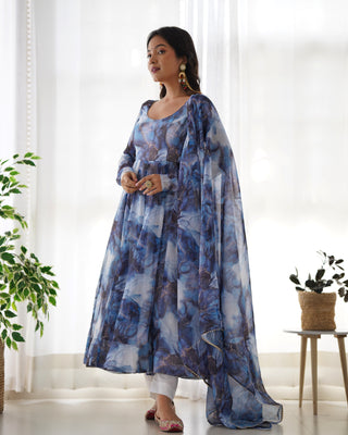 Lorenvalley Navyblue Soft Organza Silk With Marble Print Anarkali Pant With Dupatta Set