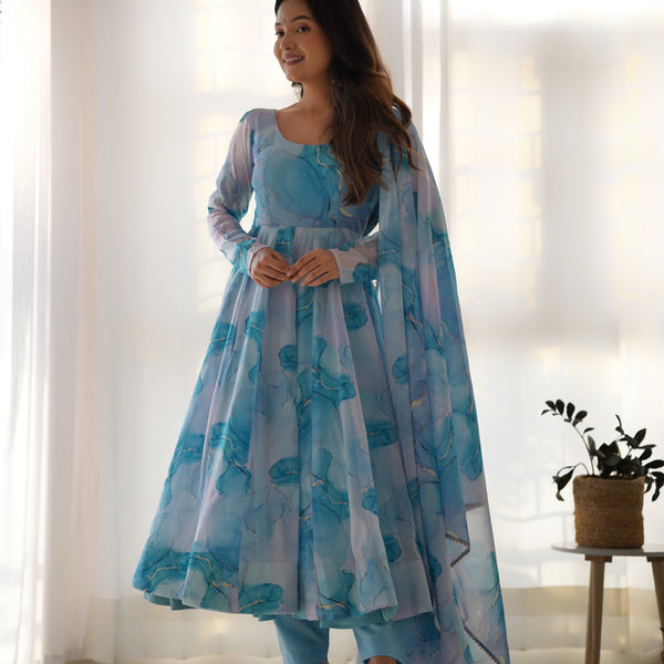 Lorenvalley Navyblue Soft Organza Silk With Marble Print Anarkali Pant With Dupatta Set - Distacart