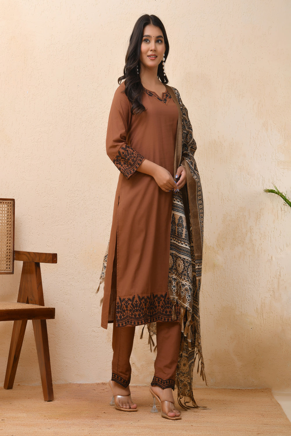 Vaasva Women Brown Embroidered Suit Set