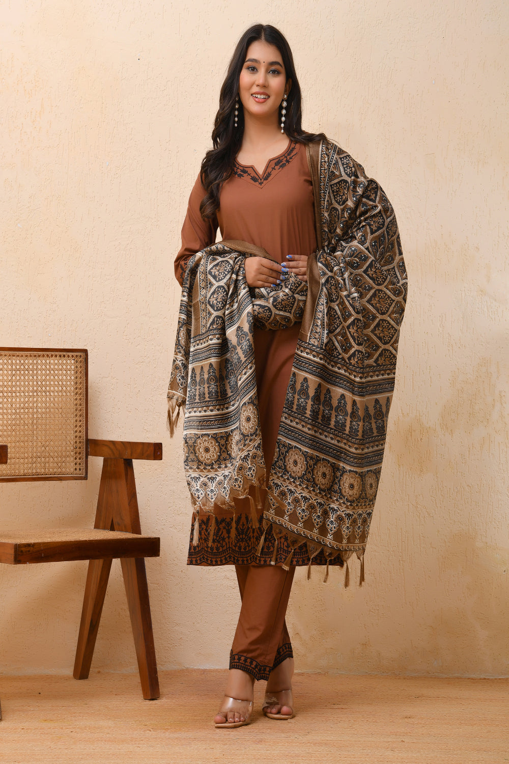 Vaasva Women Brown Embroidered Suit Set