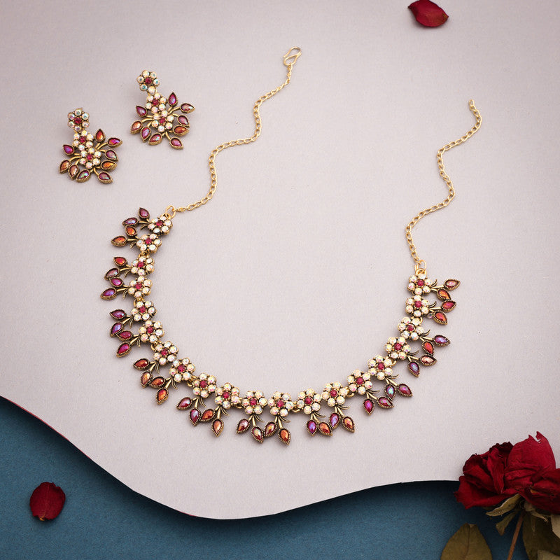 Tehzeeb Creations Gold-Polished Pink Colour Choker With Dangle Earrings - Distacart