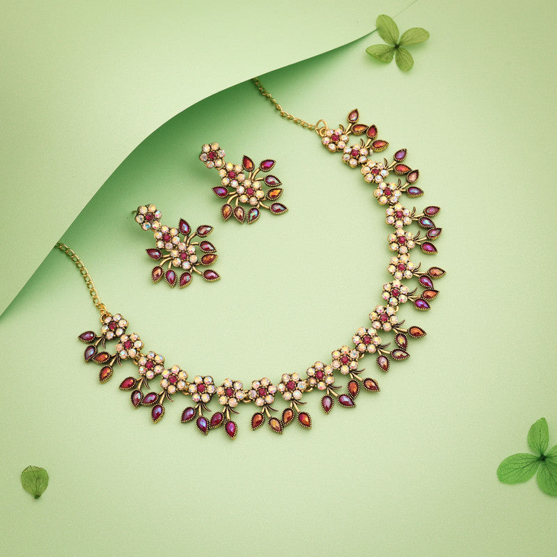 Tehzeeb Creations Gold-Polished Pink Colour Choker With Dangle Earrings - Distacart