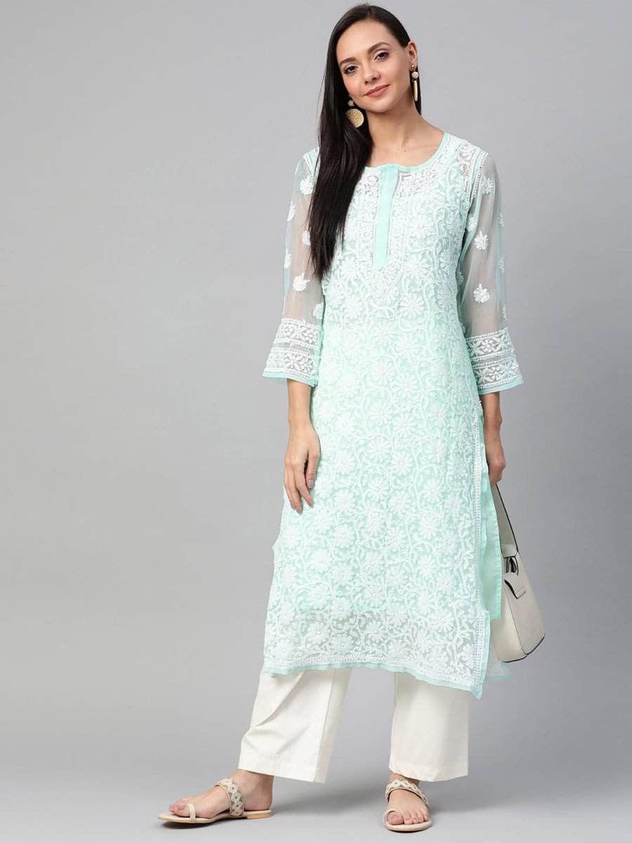 ADA Women Sea Green & White Chikankari Hand Embroidered Straight Sustainable Handloom Kurta - Distacart