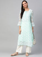 Thumbnail for ADA Women Sea Green & White Chikankari Hand Embroidered Straight Sustainable Handloom Kurta - Distacart