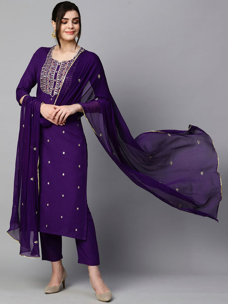 Kalini Floral Embroidered Regular Kurta With Trousers & Dupatta - Distacart