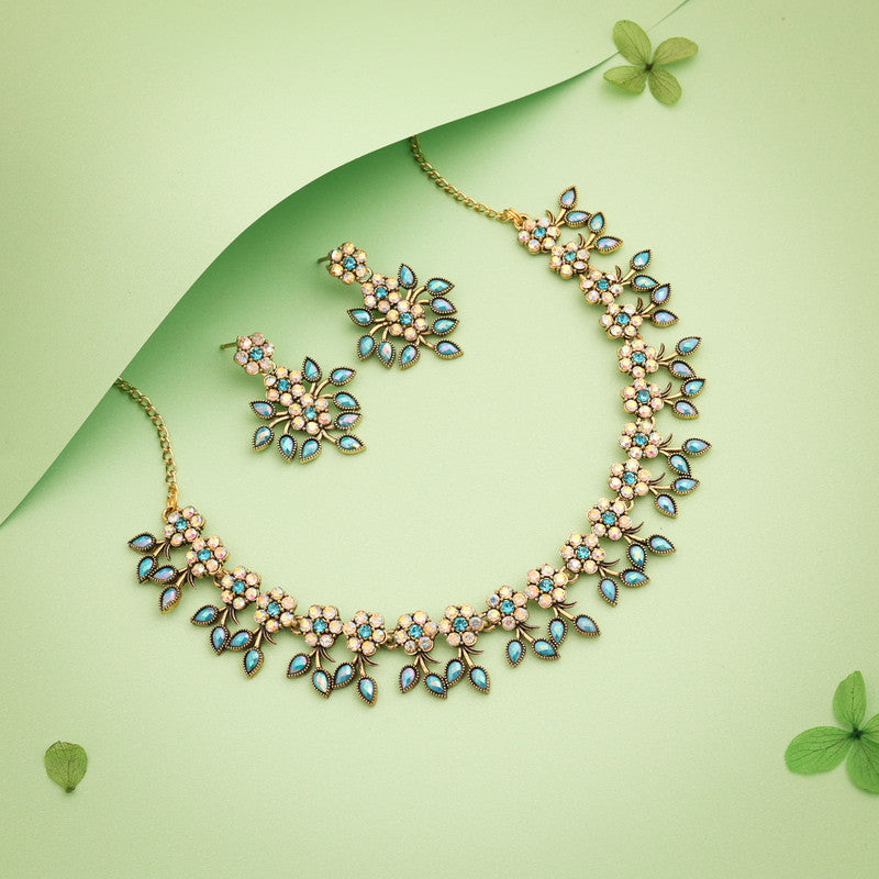 Tehzeeb Creations Gold-Polished Sky Blue Colour Choker With Dangle Earrings - Distacart