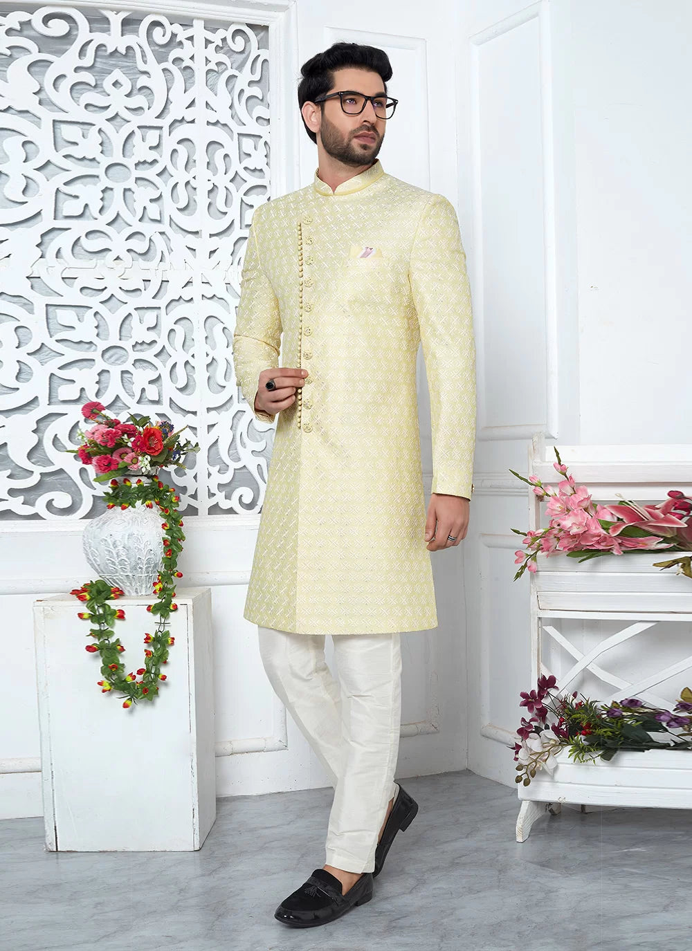 Raivat Ethnic Mens Art Silk Thread Work Indo Western In Yellow Colour - Dista
