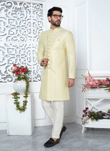 Raivat Ethnic Mens Art Silk Thread Work Indo Western In Yellow Colour - Dista