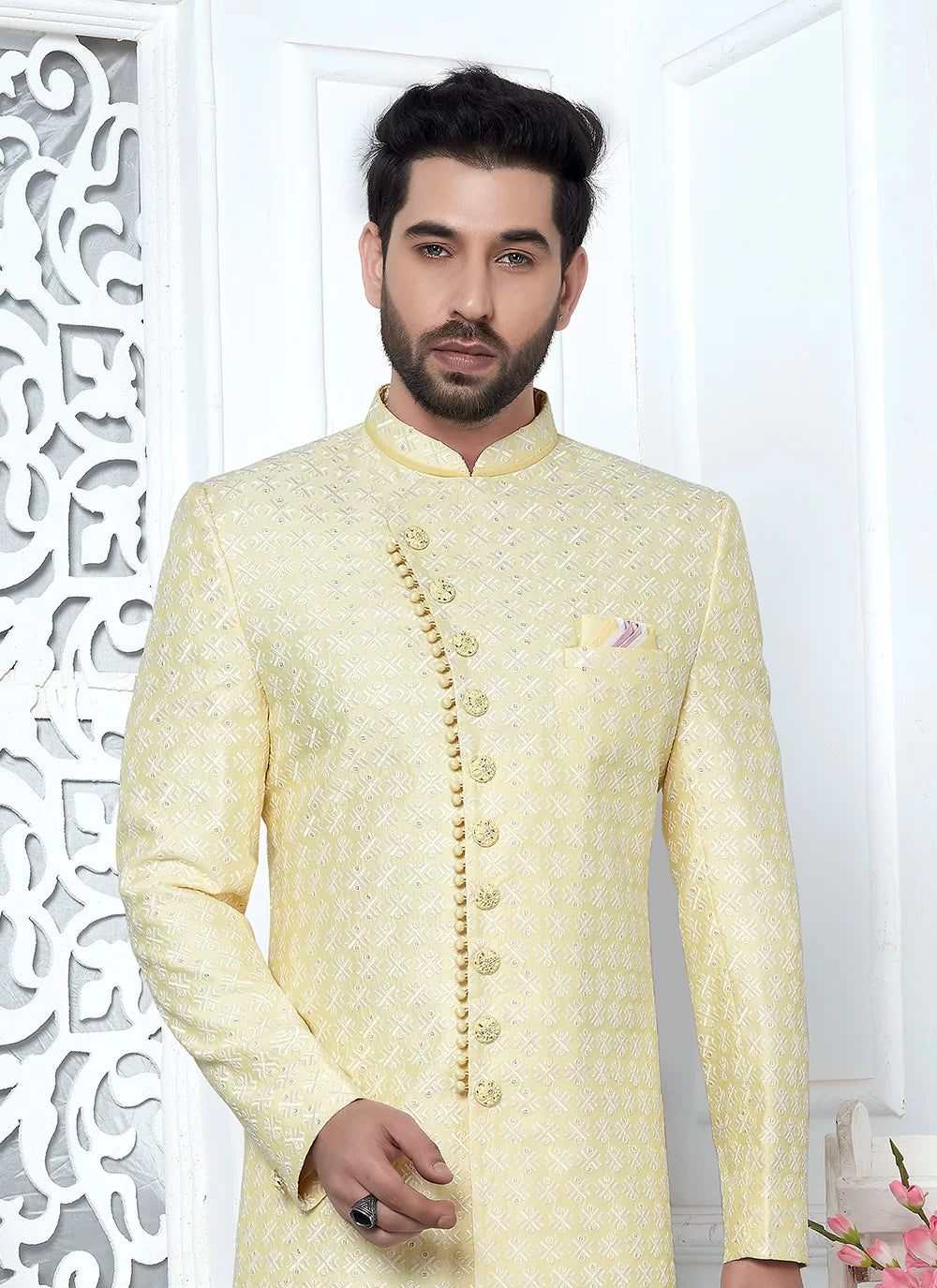 Raivat Ethnic Mens Art Silk Thread Work Indo Western In Yellow Colour - Dista