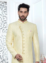 Thumbnail for Raivat Ethnic Mens Art Silk Thread Work Indo Western In Yellow Colour - Dista