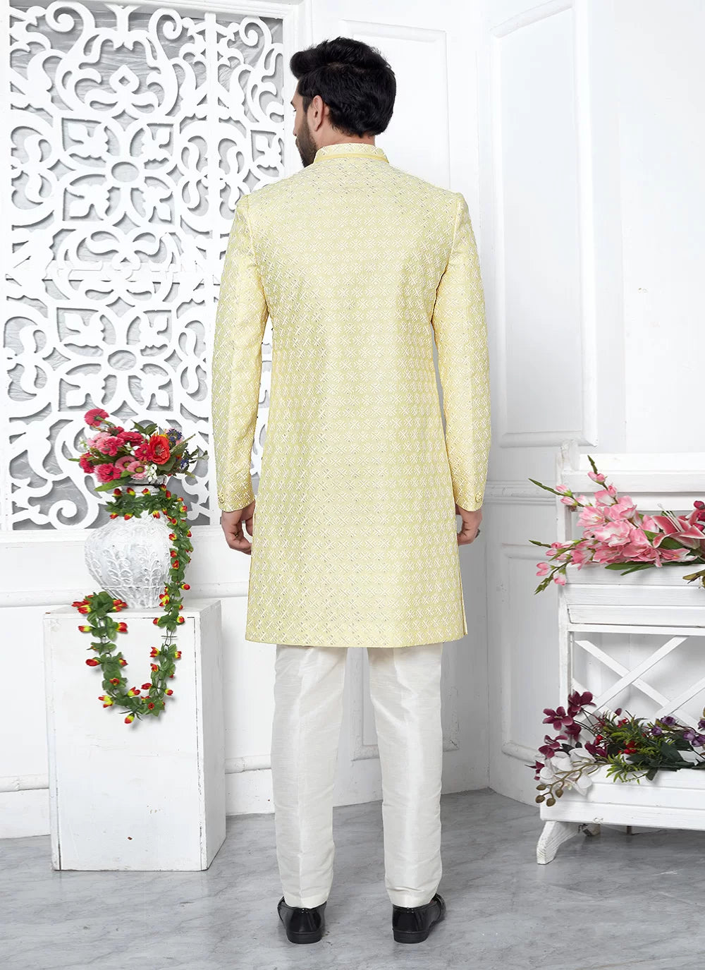 Raivat Ethnic Mens Art Silk Thread Work Indo Western In Yellow Colour - Dista