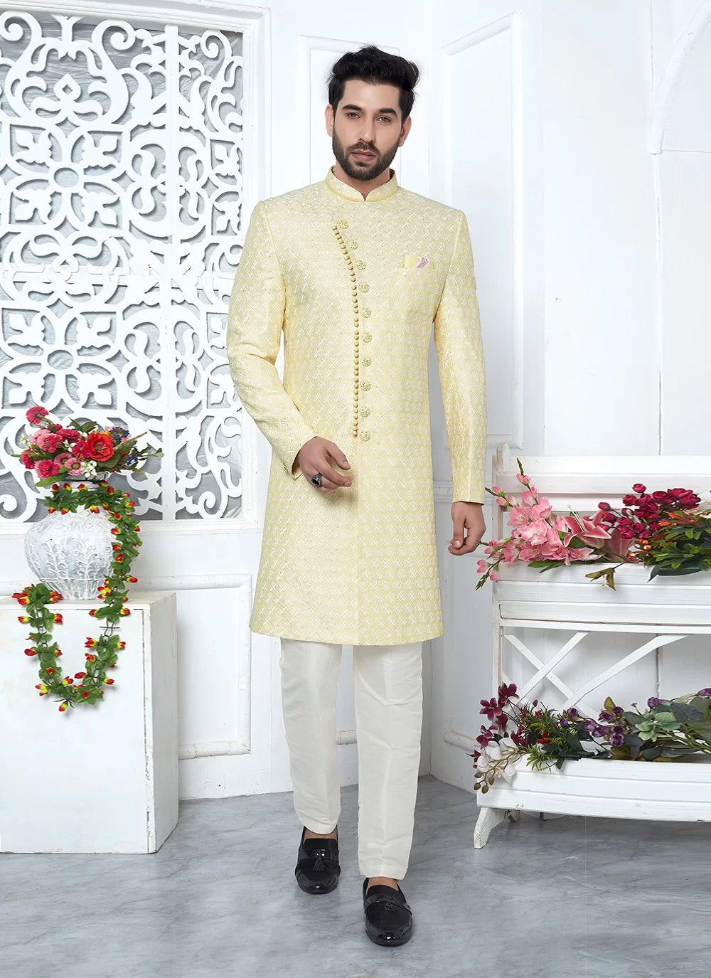 Raivat Ethnic Mens Art Silk Thread Work Indo Western In Yellow Colour - Dista